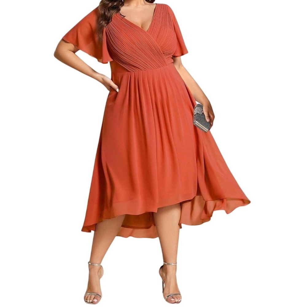Ever Pretty Burnt Orange Chiffon Pleated High Low Formal Dress US 22